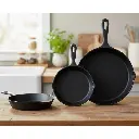 Juego De 3 Sartenes De Hierro Fundido Para Cocinar en Estufa, Horno, Asador, Fuego Directo, Resistente a Alta Temperatura CI-FPS-1 Negro