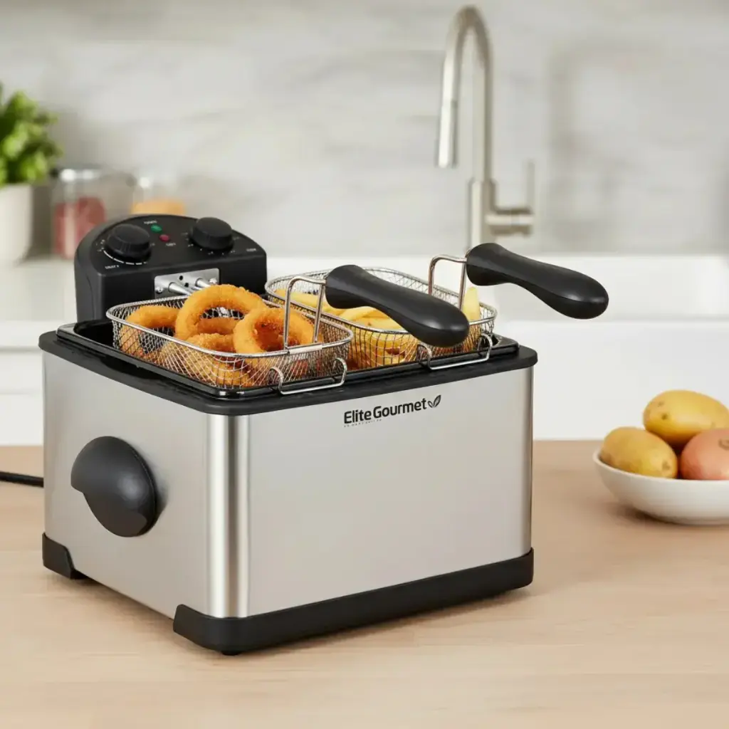 Freidora Elite Gourmet 3.7L Acero Inoxidable 1700W con 3 Cestas Plata