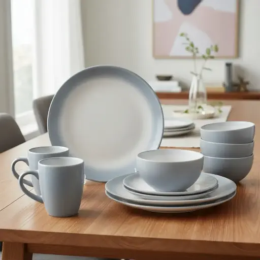 [23C121] Vajilla 16 Piezas Cerámica Elegante Royal Haus Resistente Gris Liso