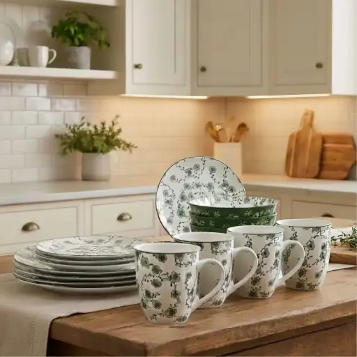 [3A106] Vajilla 16 Piezas Cerámica Elegante Royal Haus Resistente Color Verde Floreado