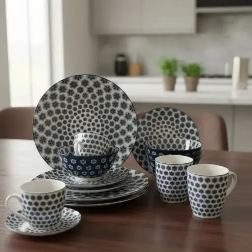 [3A110] Vajilla 16 Piezas Cerámica Elegante Royal Haus Resistent Color Azul Flor
