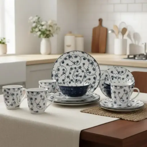 Vajilla 16 Piezas Cerámica Elegante Royal Haus Resistent Color Azul Floreado